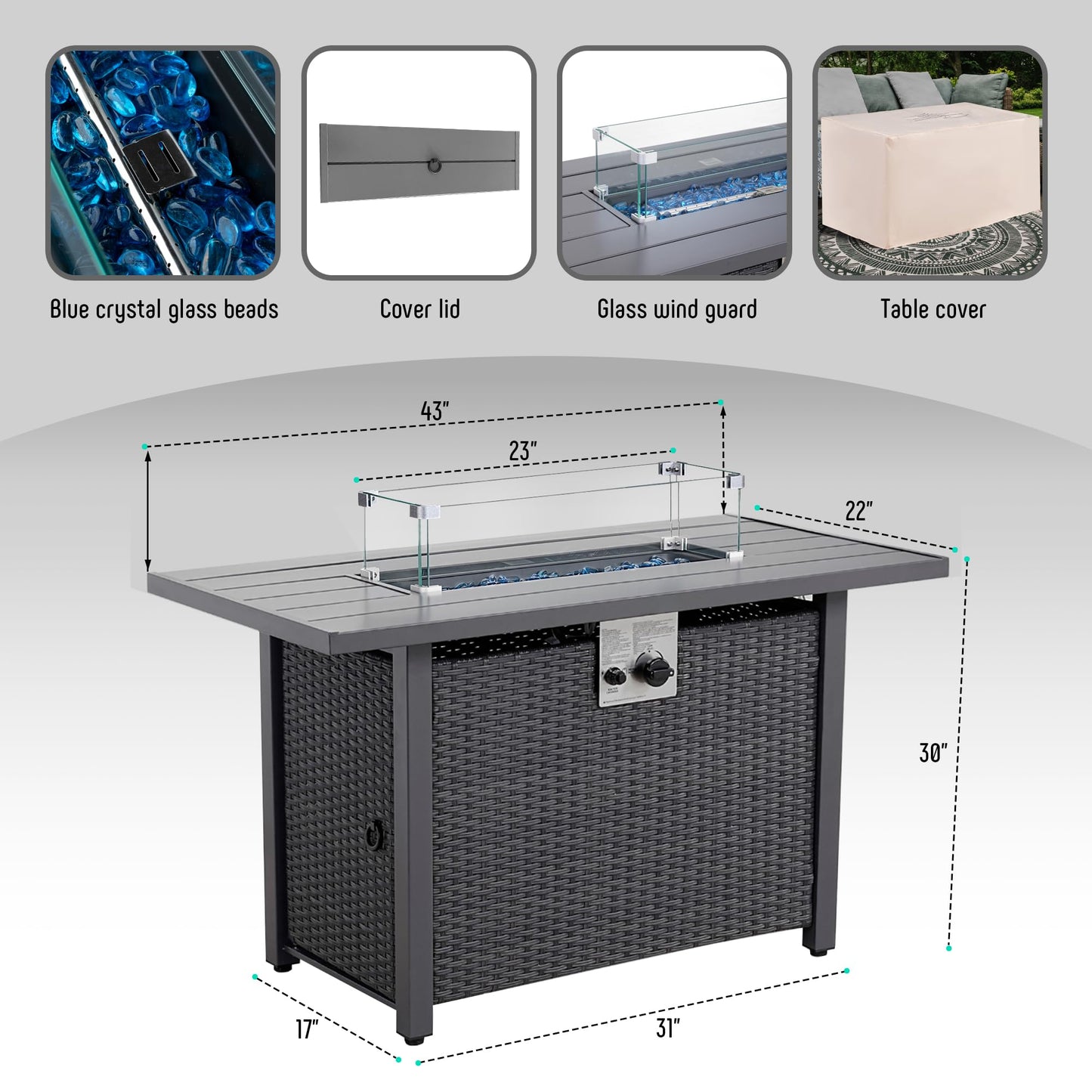 Werph 43" Propane Fire Pit Table with Rattan Fence, 50,000 BTU Gas Fire Pits for Outside Patio with Auto-Ignition, 2-in-1 Fire Table with Natural Lava Rock, Wind Guard& Removable Lid, Black