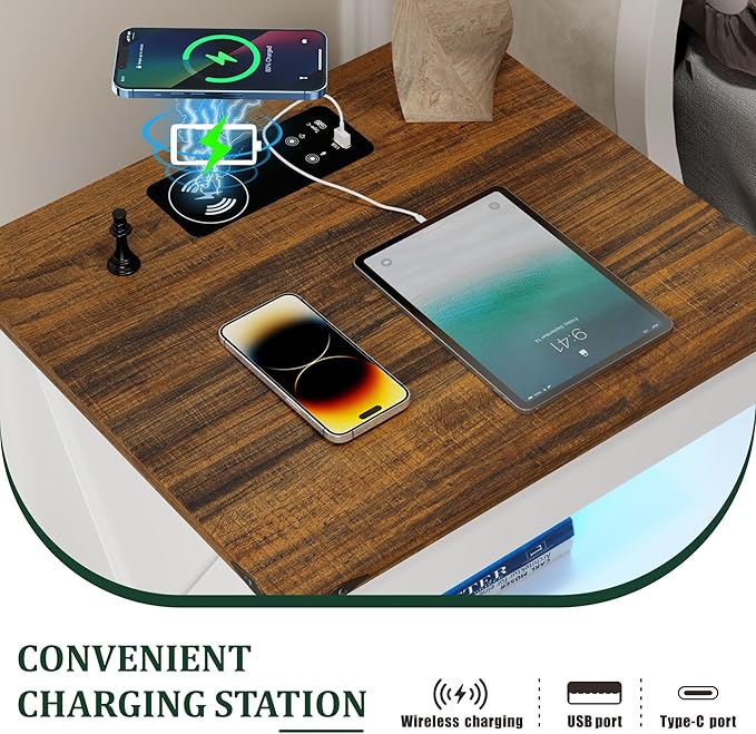 FREDEES Nightstand Set 2 with Gun Drawer, Bed Side Table with Charging Station