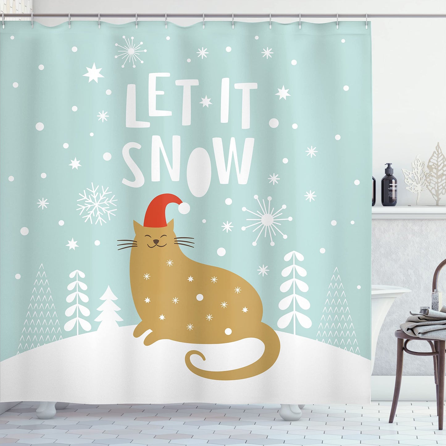 Ambesonne Christmas Shower Curtain, Let It Snow Words Kitty Cat with Santa Claus Hat Snow Graphic, Cloth Fabric Bathroom Decor Set with Hooks, 69" W x 70" L, Brown Seafoam