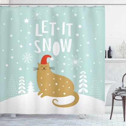 Ambesonne Christmas Shower Curtain, Let It Snow Words Kitty Cat with Santa Claus Hat Snow Graphic, Cloth Fabric Bathroom Decor Set with Hooks, 69" W x 70" L, Brown Seafoam