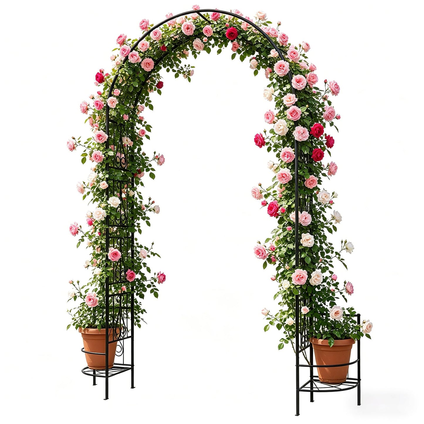 OUSHENG 8FT Metal Garden Arch Trellis with Planter Boxes for Climbing Plants Outdoor, Heavy-Duty Wedding Arch Backdrop Stand for Ceremony, Party, and Garden Decorations, Rust-Resistant Black Pergola