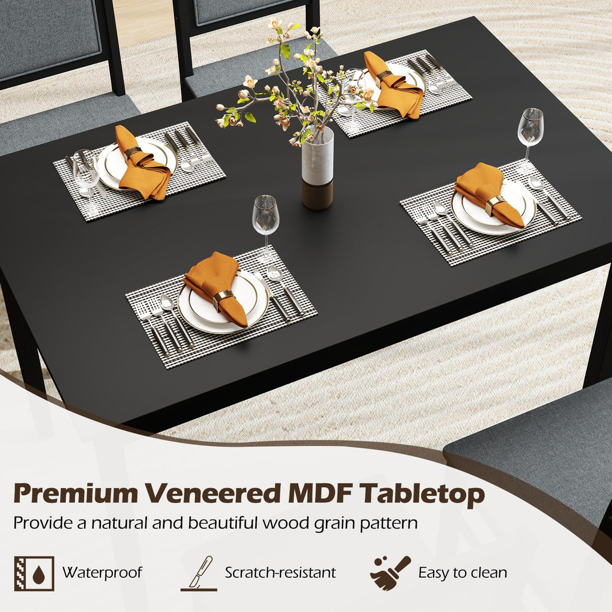 Tangkula Dining Table Set for 4, Farmhouse Solid Wood Dinette Set w/Rubber Wood Legs, Upholstered Seat & Padded Backrest, Mid-Century Modern Dining Table and Chairs Set for Kitchen, Dining Room