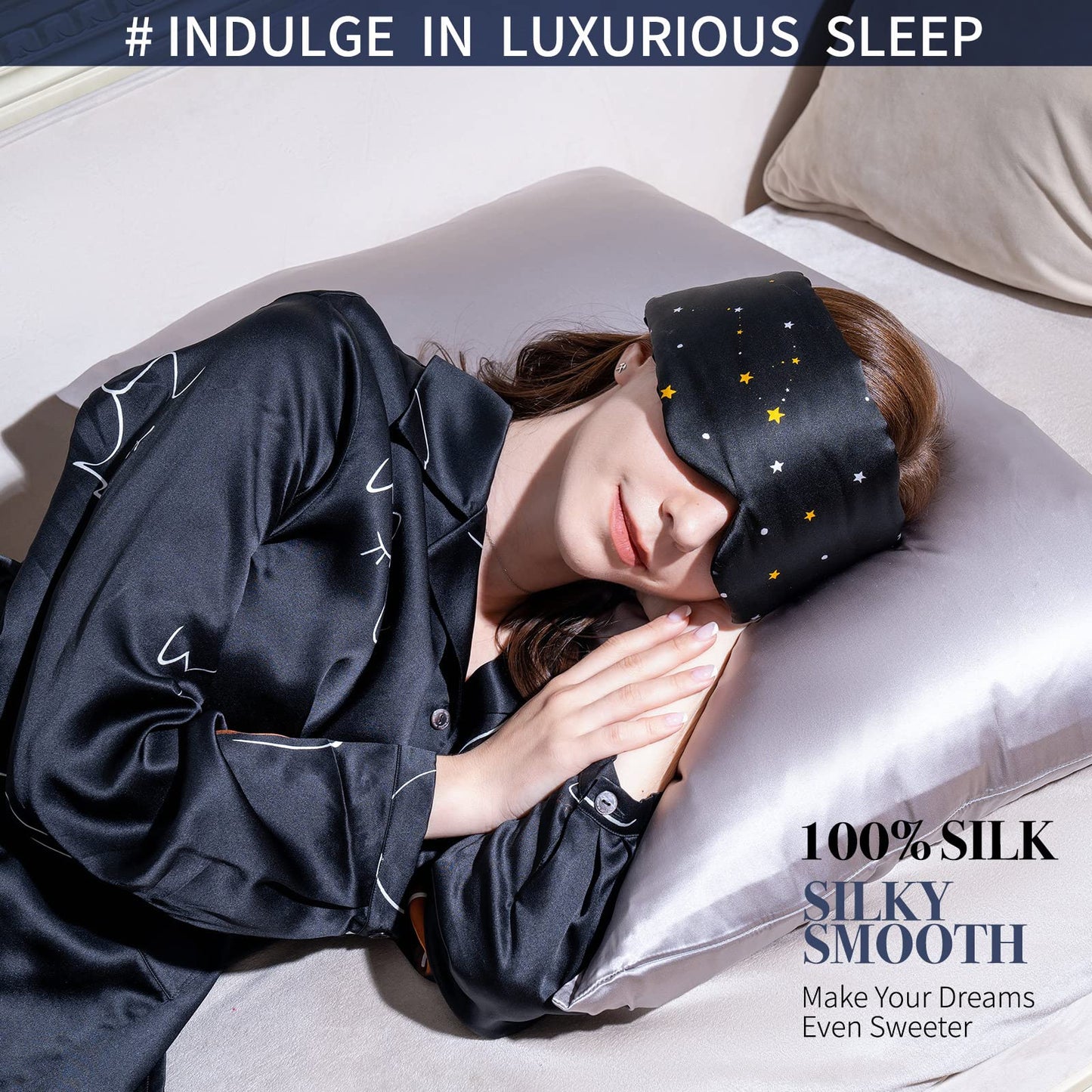 Silk Sleep Mask for Women Men, Mulberry Silk Eye Sleeping Mask & Blindfold with Adjustable Velcro Strap, Blackout Eye Cover for Sleep Travel Yoga Nap, Large Size, Black