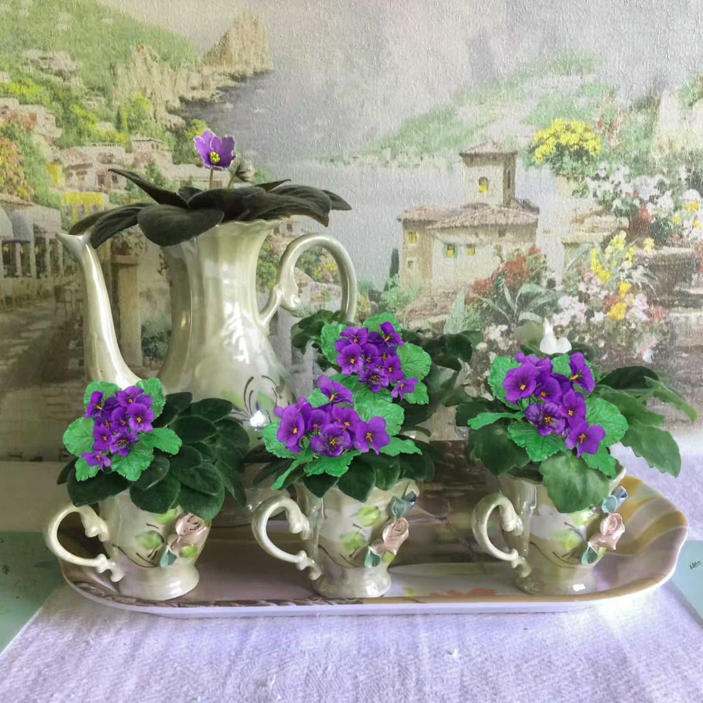 Suncalla 6 Pack Purple African Violet Artificial Silk Flower Bushes Individual Artificial Violet Flowers Houseplant(Purple)