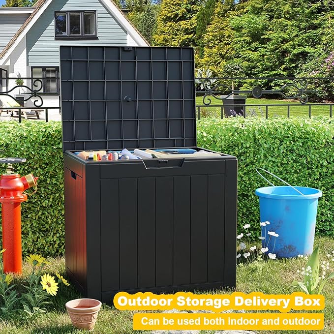 30 Gallon Outdoor Deck Box, Lockable Waterproof Outdoor Storage Boxes For Garden Tools,Indoor Cushions,Accessories Outside Storage Resin Weatherproof Container(Black)
