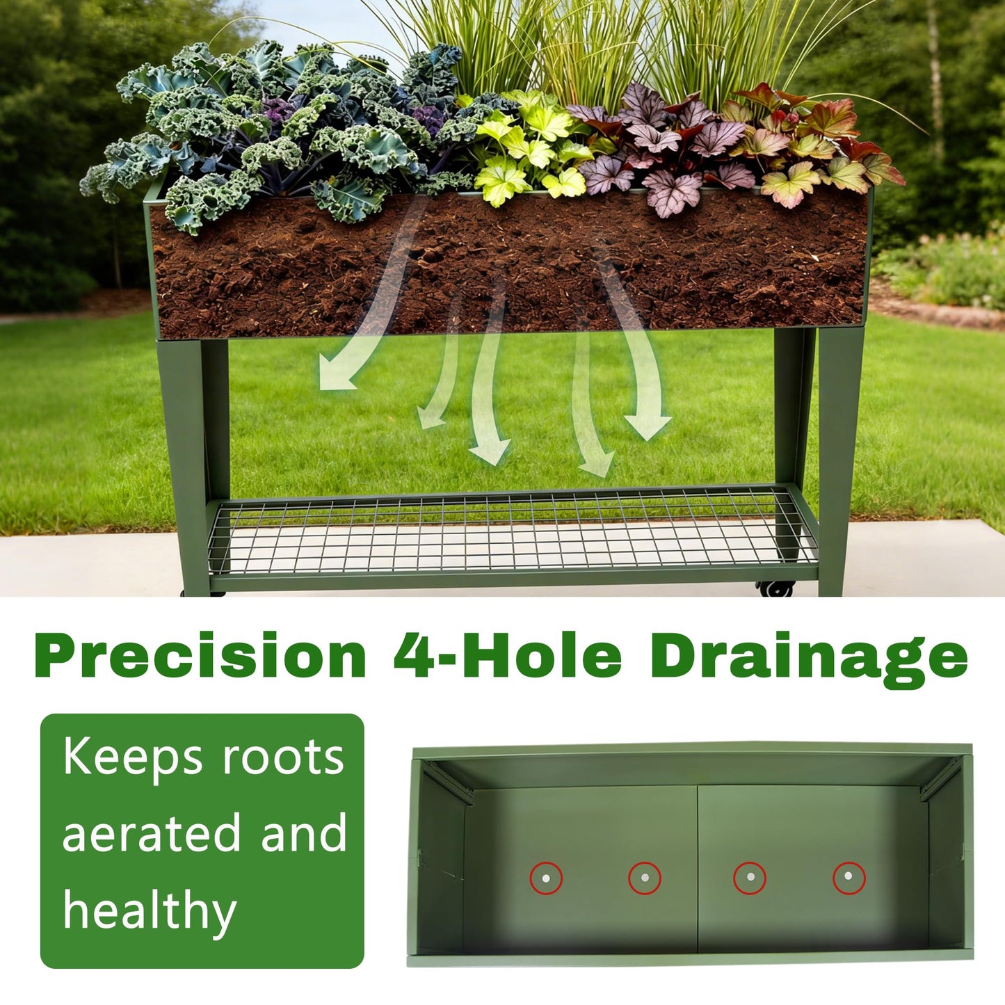 TISUWING Foldable Raised Garden Bed with Wheels, 38 x 14 x 32 Inch Galvanized Steel Elevated Planter with Storage Shelves, Rolling Outdoor Planter Box for Herbs, Vegetables & Flowers, Green