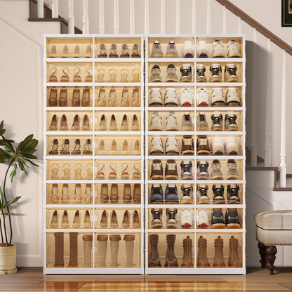 CIMLORD 9-Tier Foldable Shoe Rack Organizer for Closet, 27 Pairs Collapsible Plastic Shoe Shelf, Large Shoes Cabinet with Door, Clear Stackable Storage Box Easy Assembly White