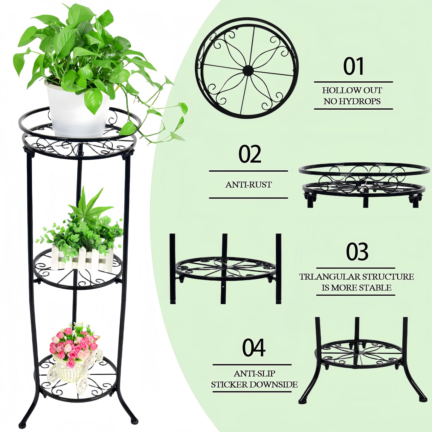 FAMZ Plant Stand Indoor Outdoor, 3 Tier Tall Black Metal Plant Stands, 35 inch Round Multiple Plant Rack Holder Rack Flower Pot Stand Heavy Duty Plant Shelf for Patio Balcony Garden Living Room