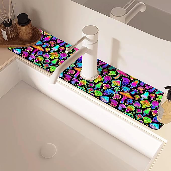 Bright Psychedelic Mushroom Kitchen Sink Splash Guard Mat Absorbent Fast Drying