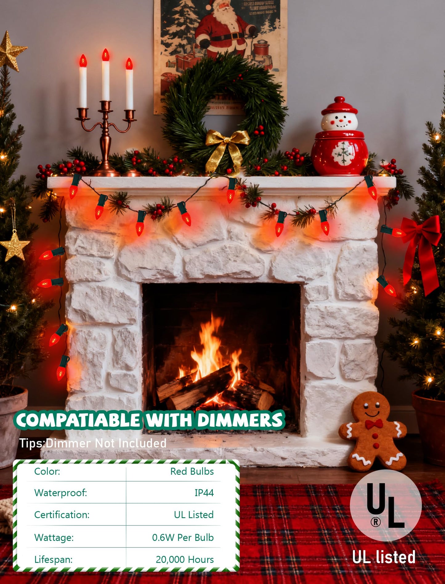 25 Pack C7 LED Replacement Light Bulbs, Shatterproof Christmas C7 LED Red Lights Bulbs for Outdoor String Lights Patio Party Window Candles Chandelier Decor, E12/C7 Candelabra Base, 2700K Warm White