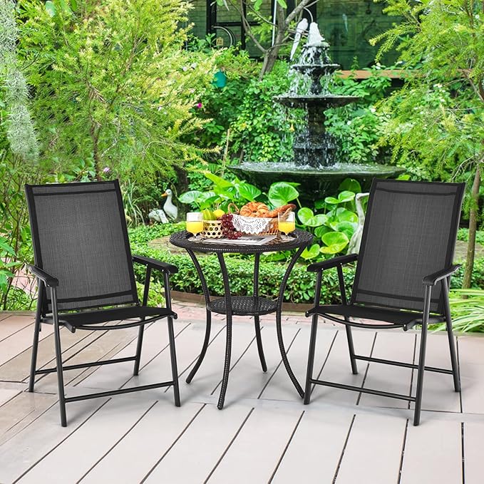 Giantex Set of 2 Patio Folding Chairs, Portable Outdoor Dining Chairs with Armrest for Porch Camping Pool Beach Deck Lawn Garden, Metal Frame, Black