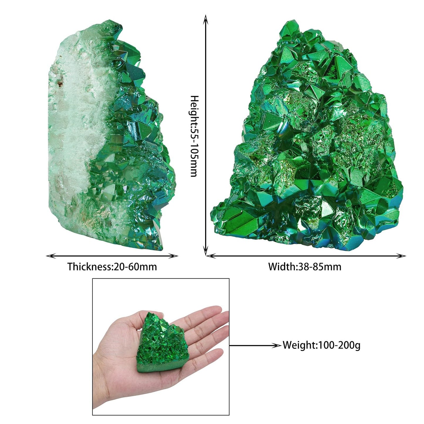 rockcloud Natural Titanium Coated White AB Crystal Cluster Irregular Reiki Crystal Geode Mineral Specimen for Home Decor, Green