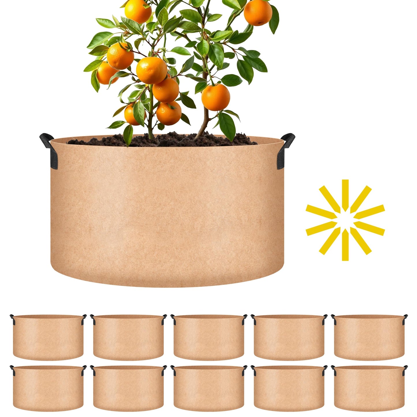 iPower 10-Pack 15 Gallon Aeration Grow Bags Thick Nonwoven Fabric Pots with Handles, for Fruits, Vegetables, and Flowers, Tan
