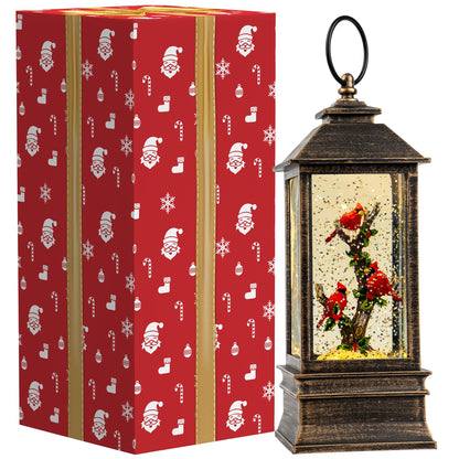 Christmas Snow Globe Lantern Water Glittering 10'' Cardinal with Music & Timer, USB Lined/Battery Operated Lighted Lantern for Christmas Festival Decoration Gifts