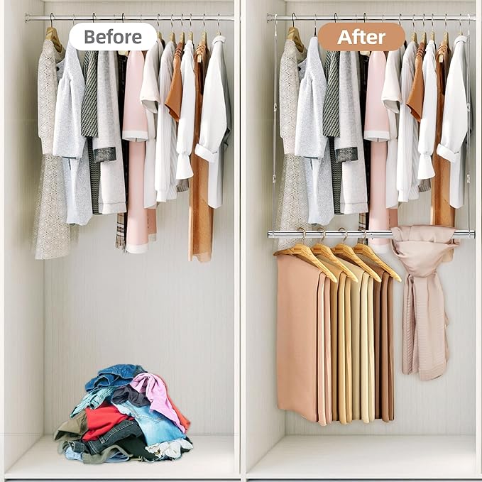 STORAGE MANIAC Hanging Closet Rod, Adjustable Width and Height Closet Hanging