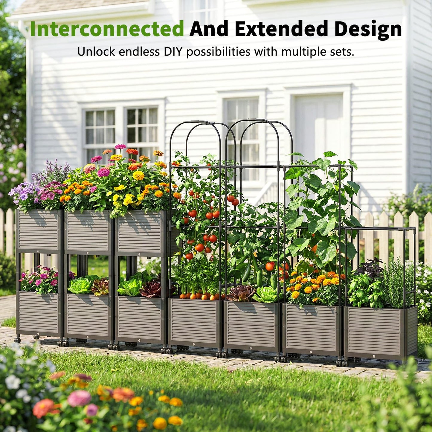 DoCred 60" H Raised Garden Bed Planter Box with Wheels, 2 Pack Tomato Cage Planter Raised Garden Bed with Trellis for Climbing Vegetables Plants Tomato Cage, Indoor Outdoor Use