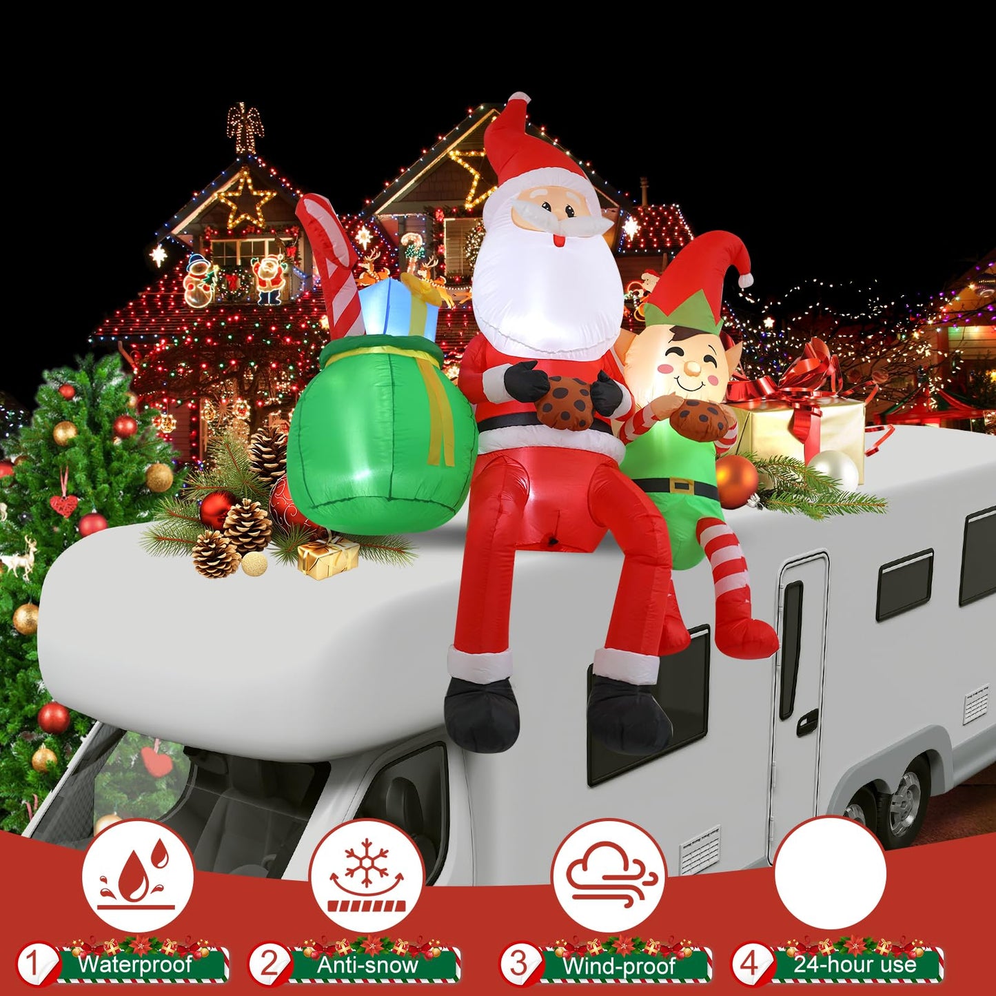 InfleasJoiy 8FT Santa Claus Sitting on the Roof Christmas Inflatable Decoration with LED Lights, Suitable for Holiday Celebration Decorations in Courtyards, Lawns, Terraces, etc.