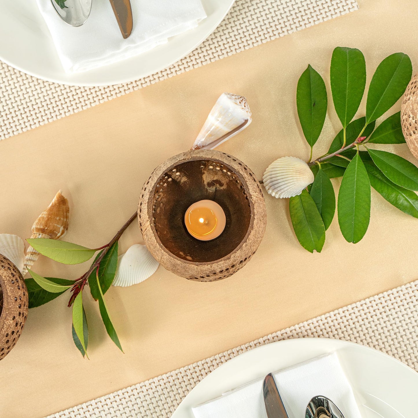 Restaurantware-Coco Casa 4 x 3.3 Inch Coconut Shell Candle Holders, 1 Reusable Tealight Holders - Candle Not Included, Rainbow Pattern, Tan Coconut Bowls for Candles, Handcrafted