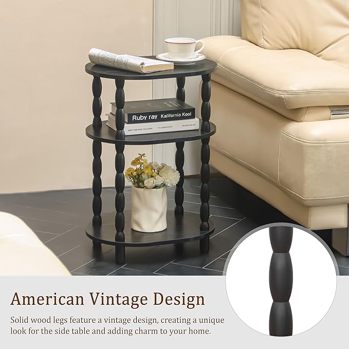 MaxSmeo Black Side Table, 3-Tier Small Oval End Table, Modern Night Stand Wood