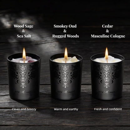Luxury Black Crystal Candle Gift Set for Men – 3 Pack 7oz Soy & Beeswax Candles with Real Natural Crystals, Zinc Alloy Lids & Wick Trimmer, 120H Burn Time, Masculine Woodsy Home Fragrance