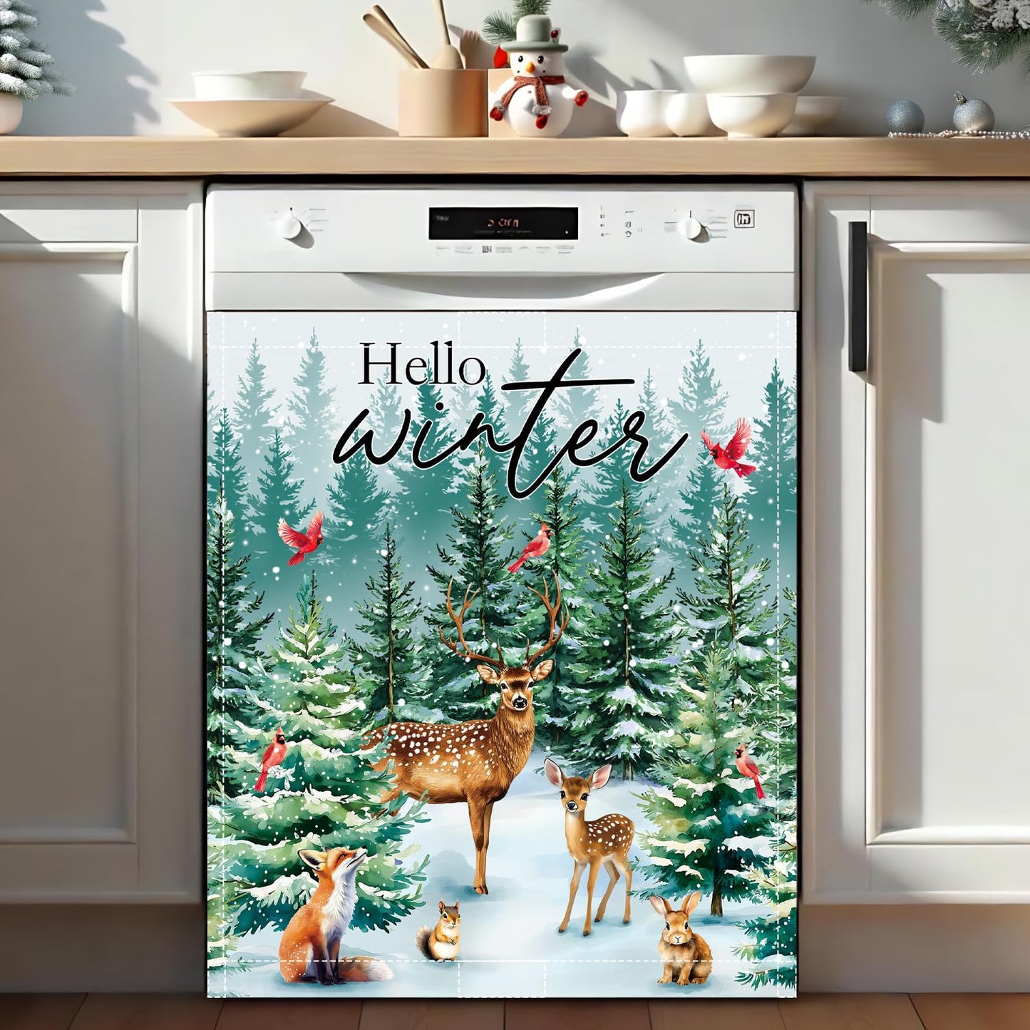 Hello Winter Dishwasher Magnet Cover 23x26in Christmas Dishwasher Cover for Washers Fridge Panel, Cardinal Bird Magnetic Covers for Kitchen, Machine Door Covers Decor, Christmas Deer Kitchen Decor