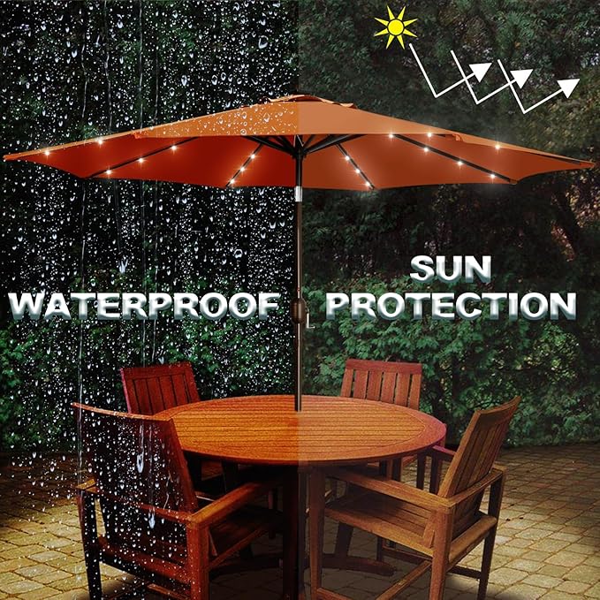 Blissun 9 ft Solar Umbrella with 32 LED Lights for Garden, Deck, Backyard (Rust)