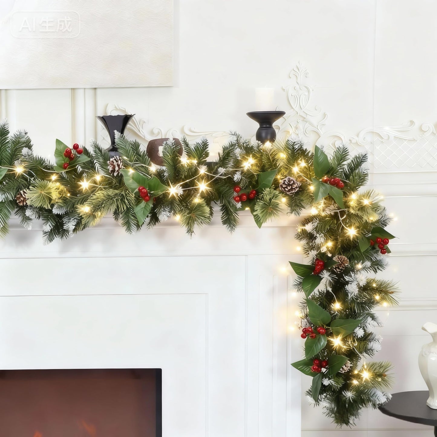 HipTree 9ft Christmas Garland with Lights,Lighted Artificial Flowering Pine Garland for Mantle,Prelit Faux Green Christmas Winter Garland with Pine Cones and Red Berry for Indoor Outdoor Decor