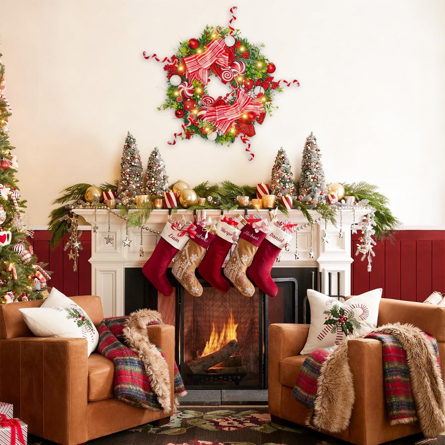 Christmas Wreath, 17-24 Inch Christmas Wreaths for Front Door with Lights Balls Red Bows Candy Canes Berries Pine Needles Greenery Wreath Xmas Decoration Ornaments Rustic Wall Porch Home Party Decor