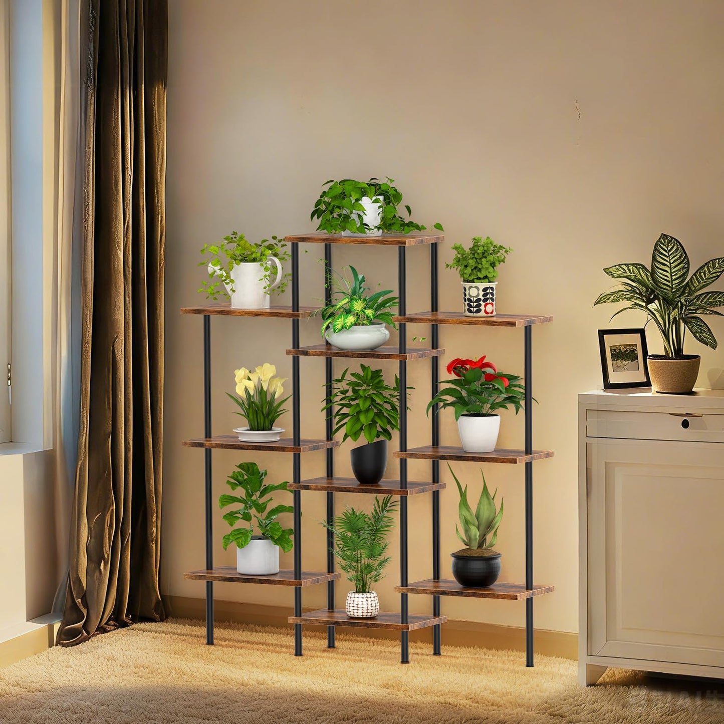 KANEODOT 42" Tall Plant Stand,4-Tier Heavy Duty Plant Shelf,Small Plant Stand Indoor and Outdoor,Living Room,Balcony,Home Office,37''L x 7.8''W x 42''H,Rustic Brown