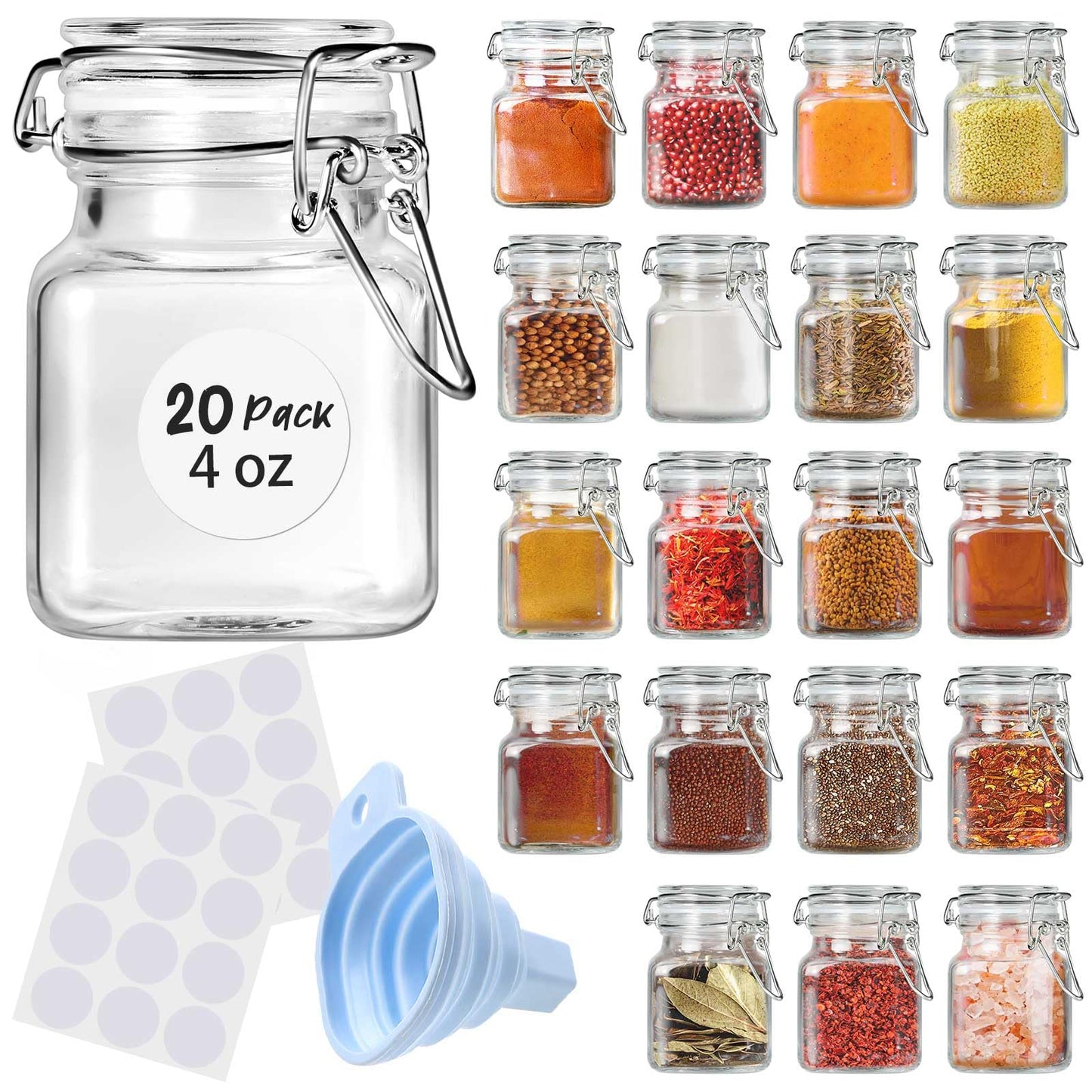 SKOCHE Spice Jars 20 Pack Small 4 oz Glass Jars with Airtight Hinged Lids, Spice Herb Jars with Labels and Silicone Funnels, 4oz Glass Jars with Lids Ideal for Spice Herbs