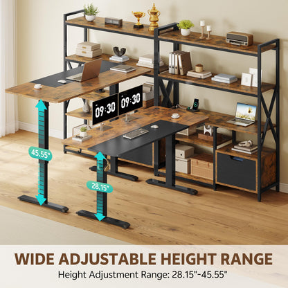 Homiflex 77.8 Inches L Shaped Standing Desk Corner Desk with Hutch Electric Height Adjustable Desk with Storage Shelves File Drawer Power Outlets Reversible Computer Gaming Desk for Home Office, Brown