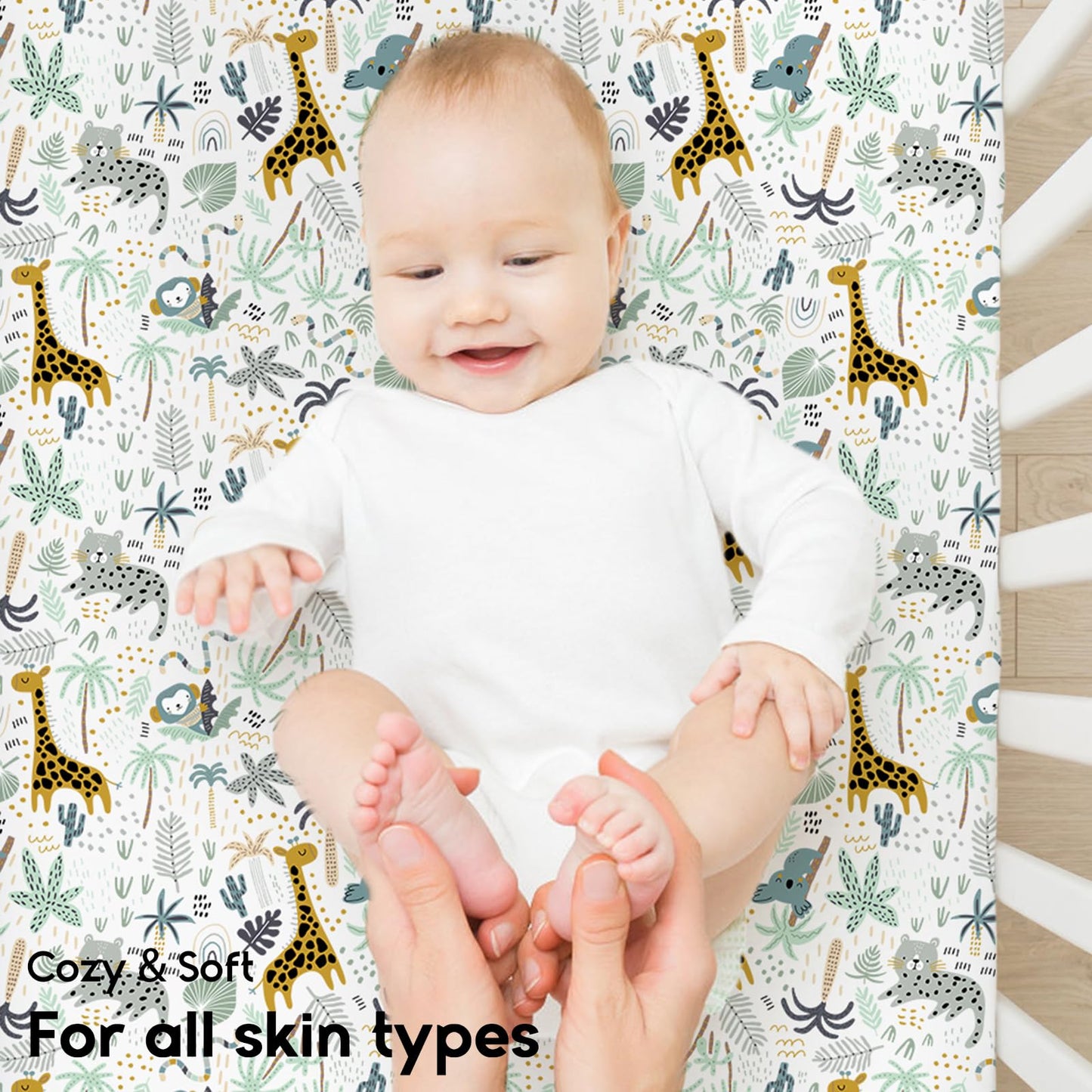 Yoofoss Cozy & Breathable Travel Cot Mattress Sheets - 95 x 65cm Fitted Sheet 2 Pack Green Giraffes