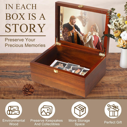 Large Wooden Keepsake Box with Hinged Lid and Photo Frame - Elegant Wedding Memory Box, Ideal for Photos, Letters, Time Capsules, Bride Gift, Decorative Storage，5.5“*8.6”*11.3“