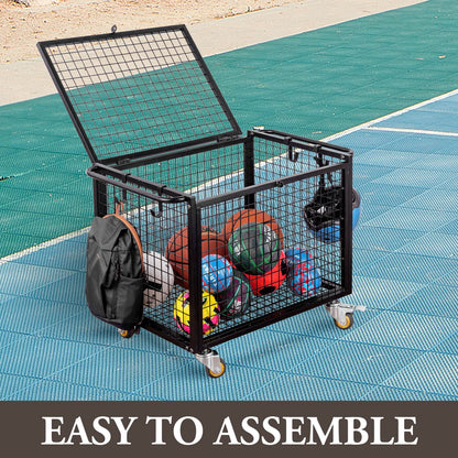 MyGift Black Metal Rolling Sports Ball Storage Cart for Playground, Dodge Ball, Basketball, Soccer Ball Gym Basket Equipment Cart with Lockable Latch, Caster Wheels and 4 Hooks