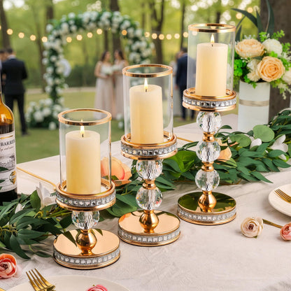 12.4" Tall Hurricane Candle Holder, Pillar Candle Holders with Glass Sleeve with Gift Box, Crystal Candle Stands for Home Warming, Weddiing, Dining Room Decor, Table Centerpiece (2, Gold, M)