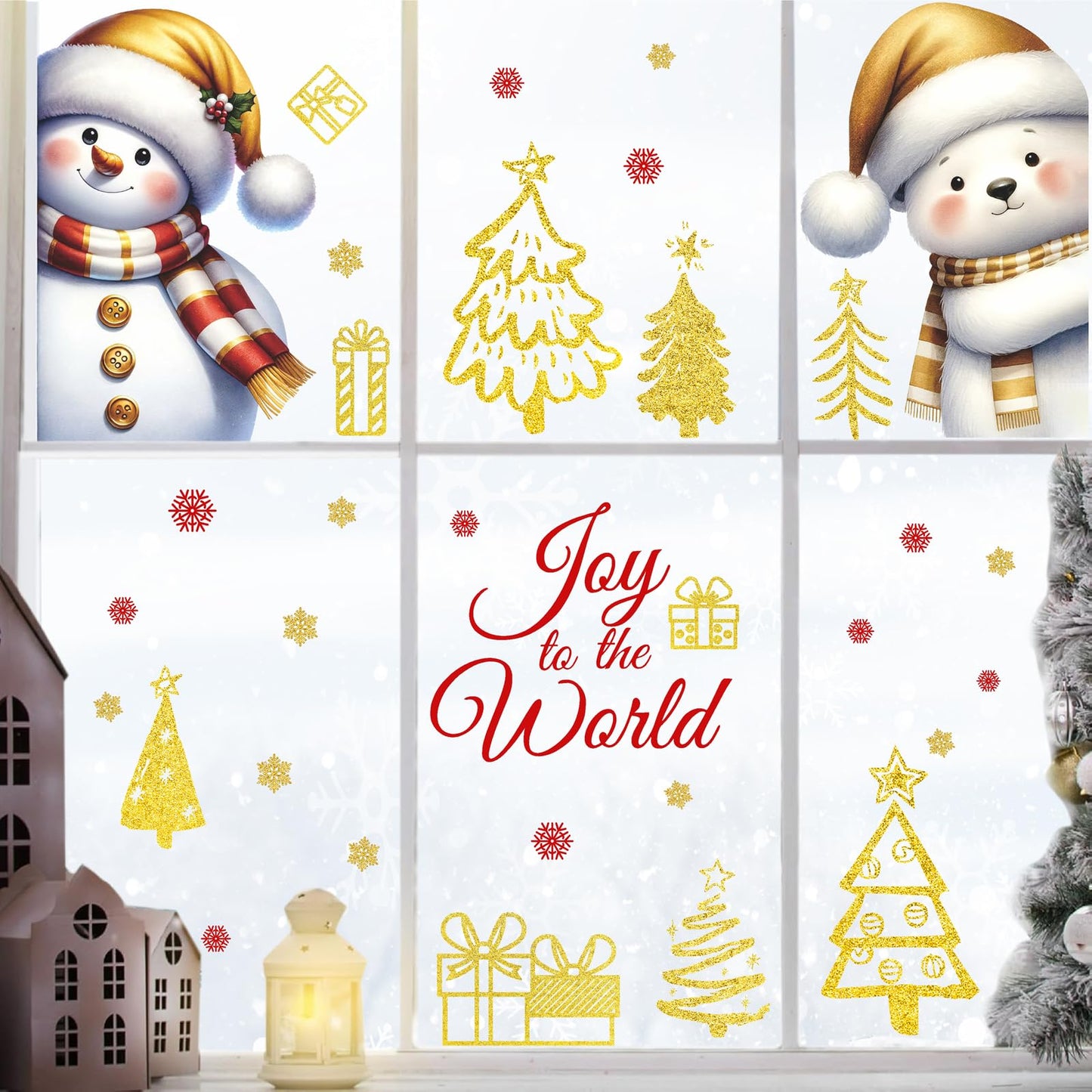 Christmas Window Decorations Stickers Snowman Window Decals Vinyl Christmas Windows Clings Double-Side Xmas Decal Peel and Stick Joy to The World Sticker for Home Xmas Party Supplies Decor