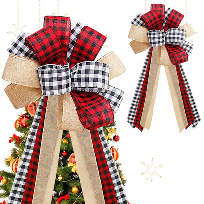 Tmflexe Christmas Bows Tree Topper Red Black White Buffalo Plaid Ornaments Handmade for Wreath Door Burlap Rustic Farmhouse Decoration (Burlap Buffalo Plaid)