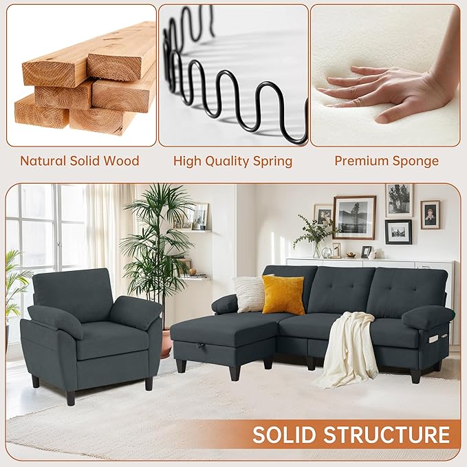 2 Piece Sectional Sofa Set, 3 Seat L Shaped Couches