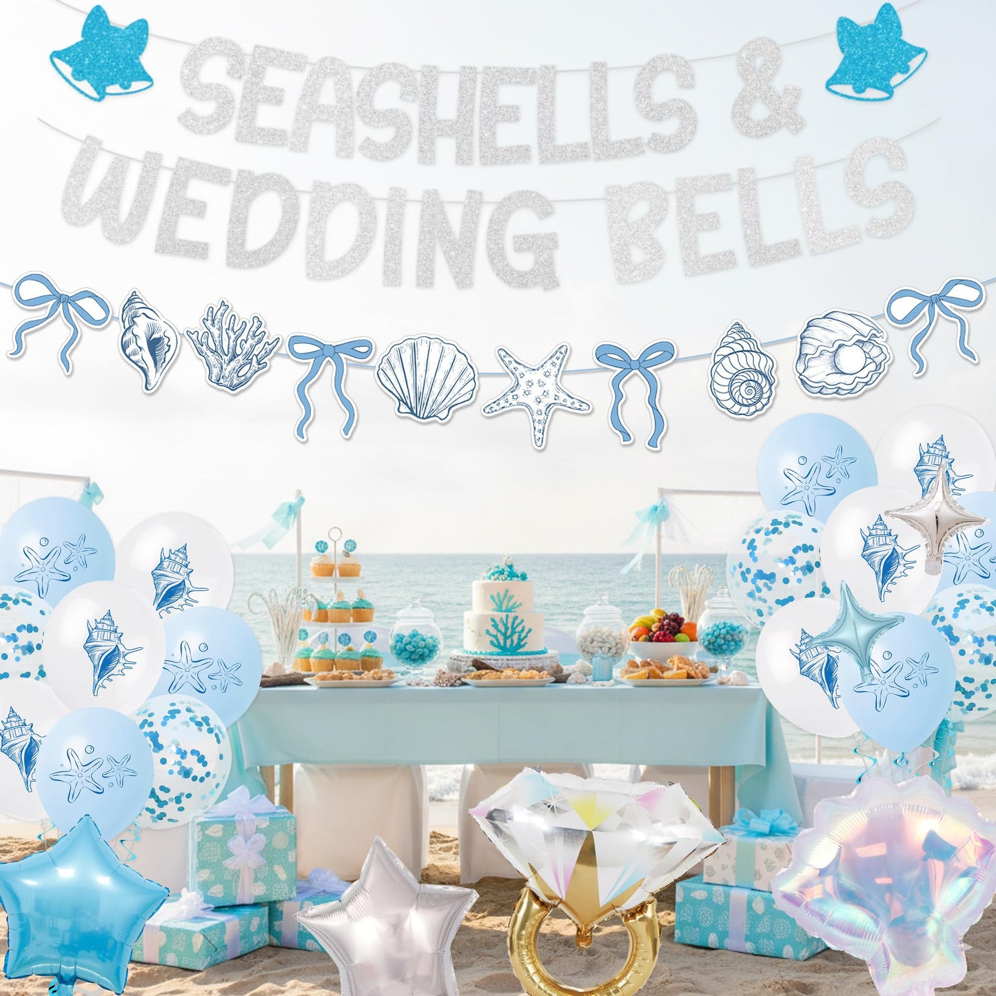 Seashells and Wedding Bells Decor - Beach Bachelorette Party Decorations with Shell Balloons Ring Banner Garland, Coastal Bridal Shower Last Toast on the Coast Enagement Supplies