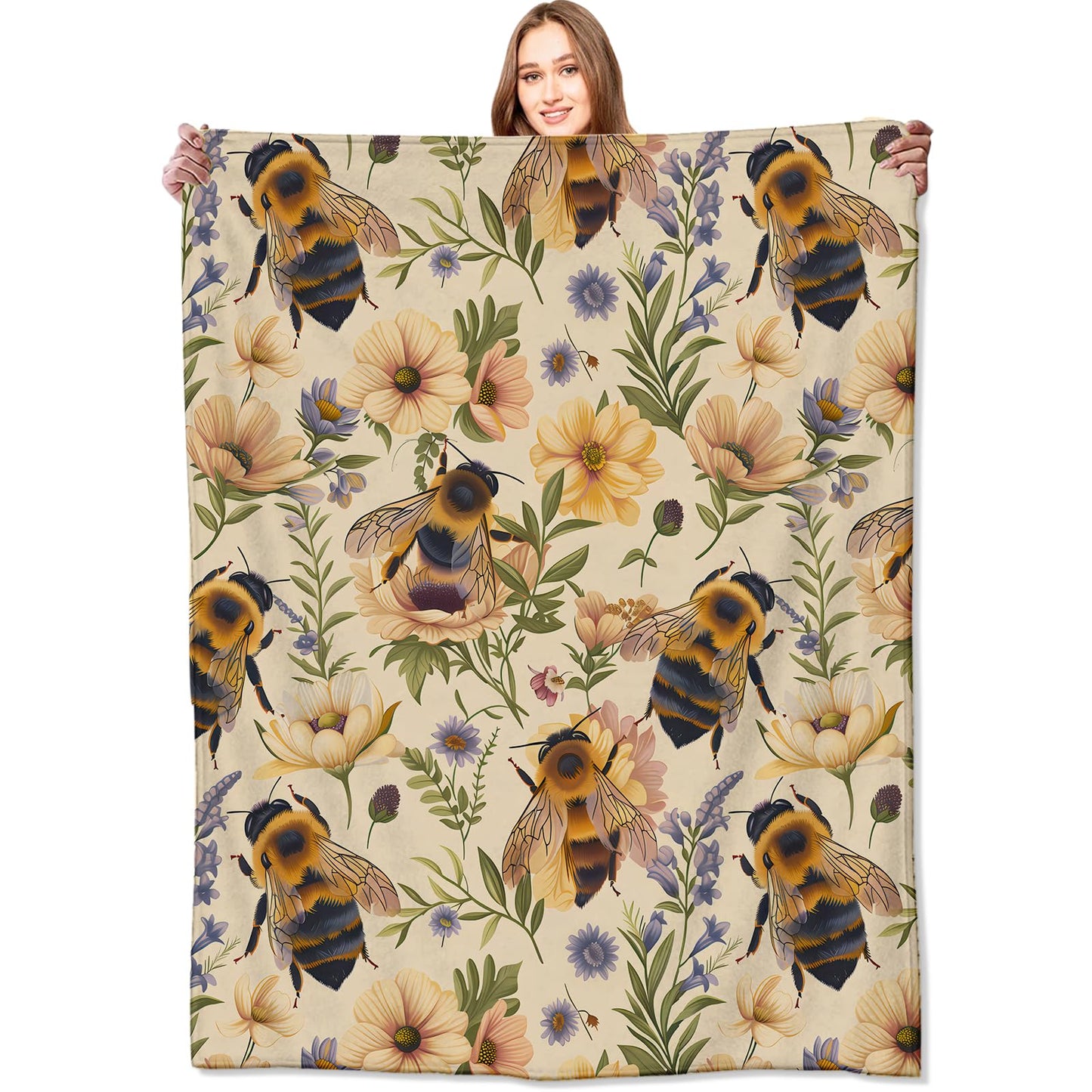 VODRM Bumblebee and Floral Blanket Bee and Wildflower Yellow Throw Blankets Gifts for Girls Boys Adults Lightweight Soft Fleece Cozy for Sofa Couch Bed Room Travel Birthday Decor 50x60in