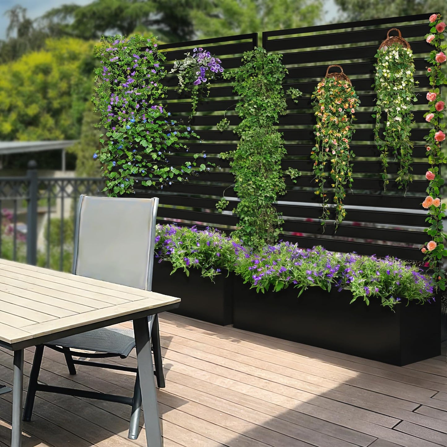 Metal Raised Garden Bed with Trellis, 2 in 1 Trellis with Planter Box & Privacy Screen for Climbing Plants, Vine, Outdoor Standing Flower Beds with Drainage Holes, 35" L x 16" W x 71" H, Black
