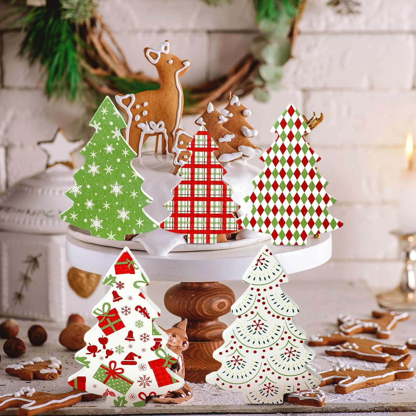 Huwena 5 Pcs Christmas Table Decoration Wooden Xmas Tree Tiered Tray Decor Centerpiece Gift Box Indoor Christmas Tree for Shelf Mantel Fireplace Home Party (Red Green White Buffalo Plaid)
