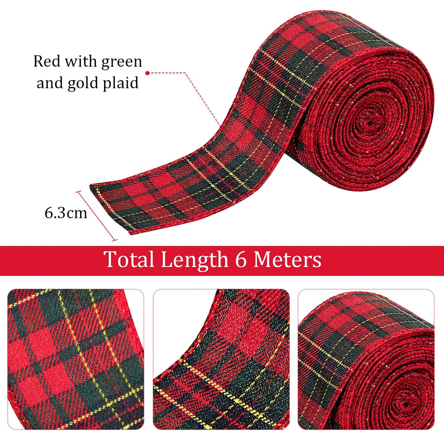 Christmas Wired Edge Plaid Ribbon 2.5 Inches Black and White Buffalo Wrapping Ribbon Gingham Ribbon for Christmas Tree Wreath Gift Wrapping, Crafts, and Decorations(Red with Green and Gold Line Plaid)