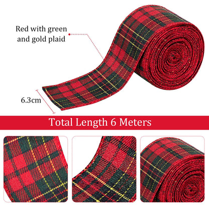 Christmas Wired Edge Plaid Ribbon 2.5 Inches Black and White Buffalo Wrapping Ribbon Gingham Ribbon for Christmas Tree Wreath Gift Wrapping, Crafts, and Decorations(Red with Green and Gold Line Plaid)