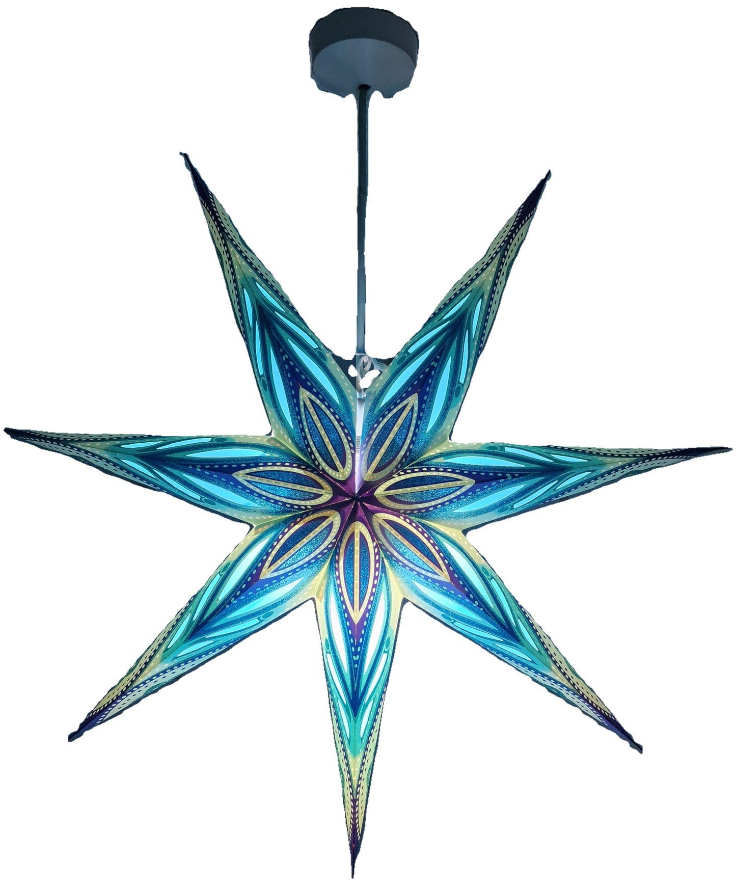 YEPSIO 7-Pointed Lantern Lampshade Paper Star Light Shades Large 24 Inch Star Hanging Decorations for Christmas Wedding Home Decoration Birthday Party (Glitter Blue Multi 02)