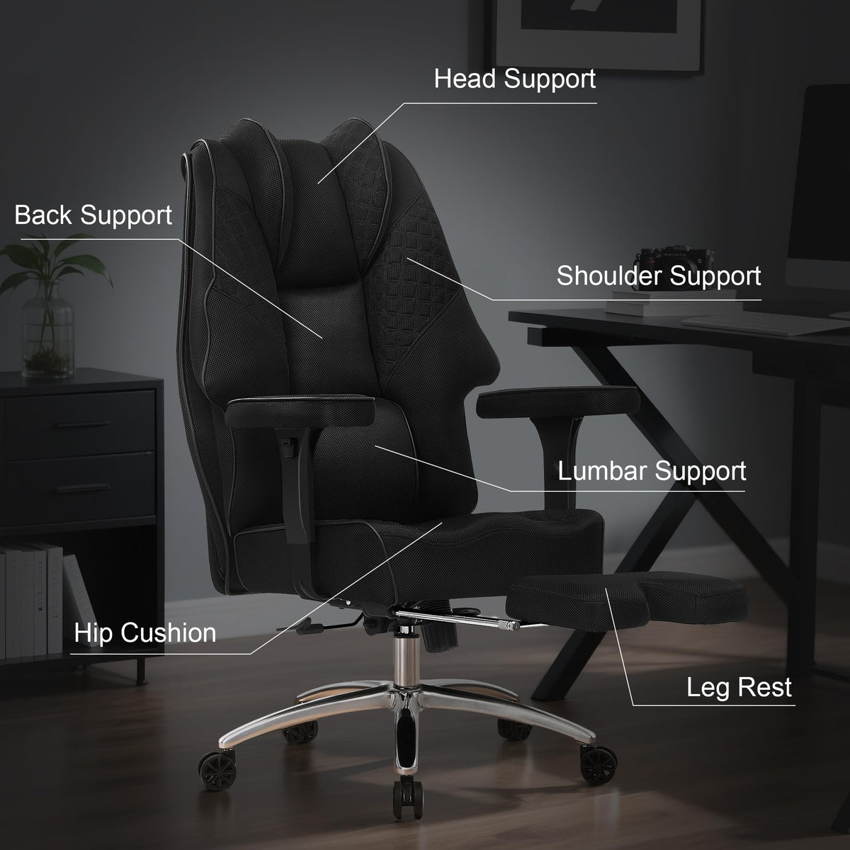 VECELO Big and Tall Office Chair 400lbs, Mesh High Back Computer Chair with Foot Rest, Ergonomic Desk Chair with Lumbar Support and Armrest, Black