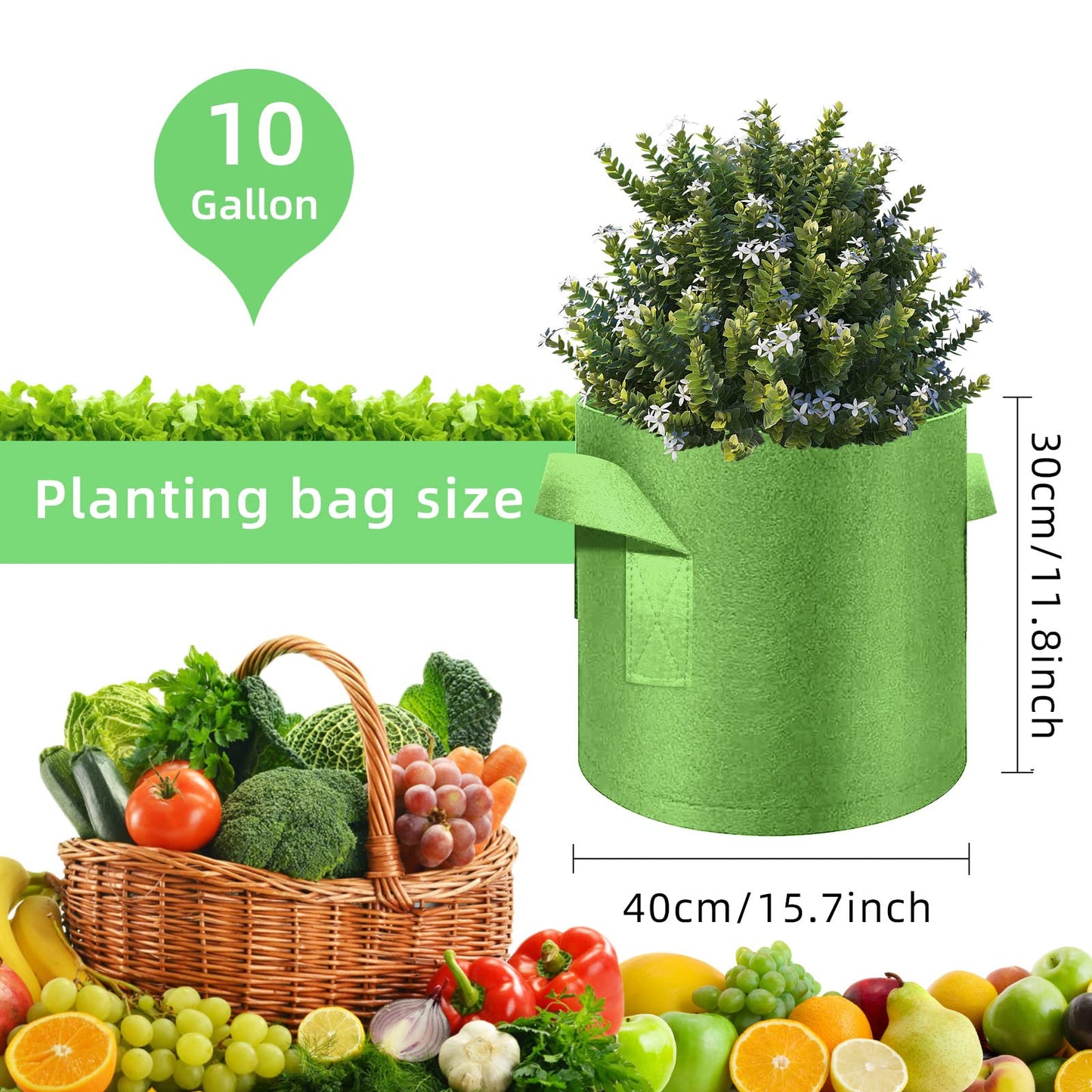 Ohiyoo 10 Gallon Garden Grow Bags, 30 Pack 10 Gal Planter Bags Fabric Pot, Nonwoven Grow Pots Heavy Duty Aeration Fabric Pots with Handles, Garden Fabric Planters for Vegetables Flowers (Green)