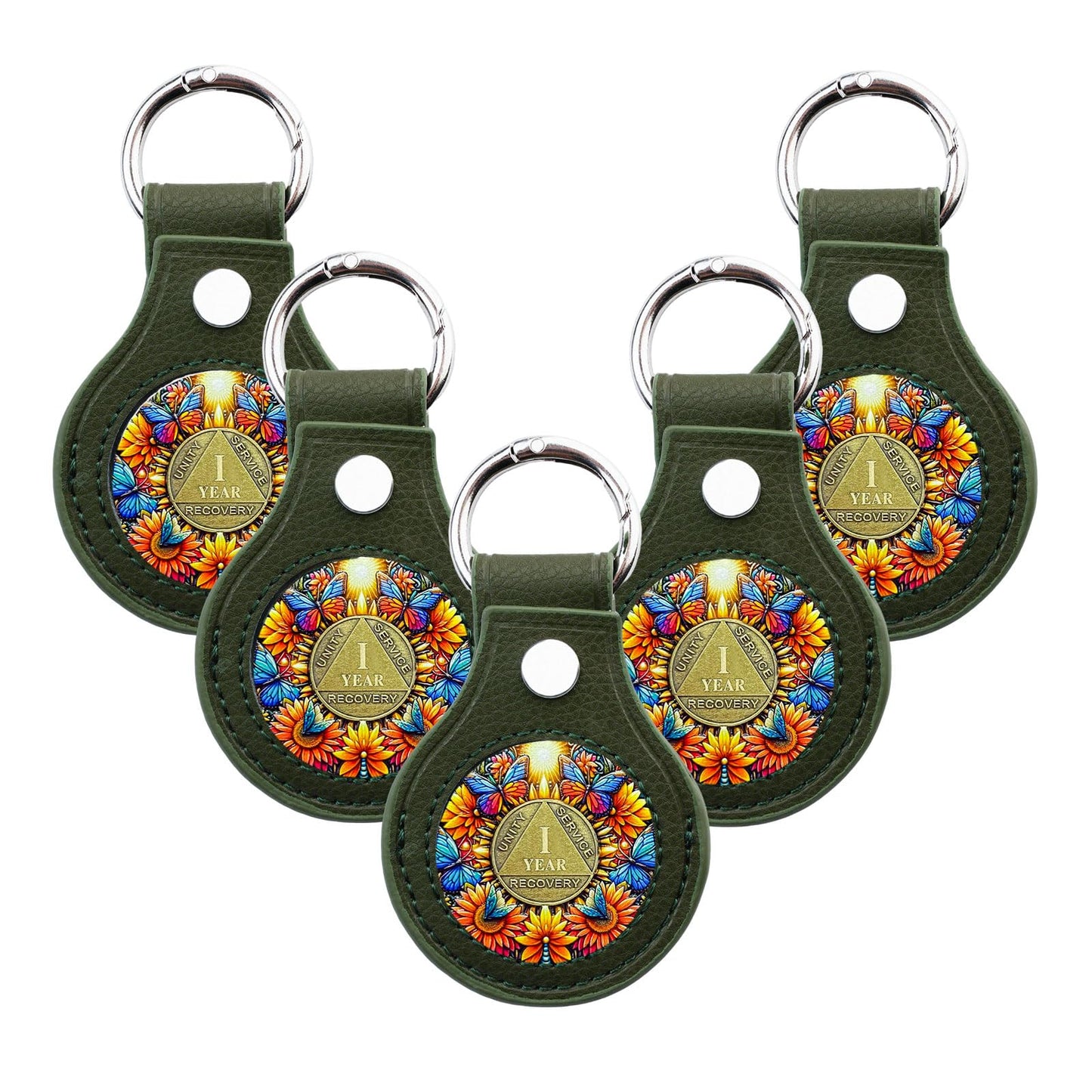 IELCJJ 5PCS Premium Leather Coin Holder - Handmade Sobriety AA Coins Chip Keychain - Displays Both Sides of Sober Token Medallion Pet Challenge Coin - Green Waterproof Scratchproof Soft PVC Key Ring