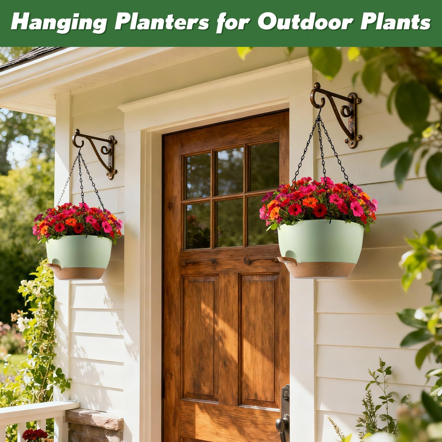 WUCEIAUU 3-Piece Set of 10-Inch Hanging Planters with Automatic Watering System and Drip Tray, Includes Metal Chain, Suitable for Various Indoor and Outdoor Plants and Flowers, Green Brown
