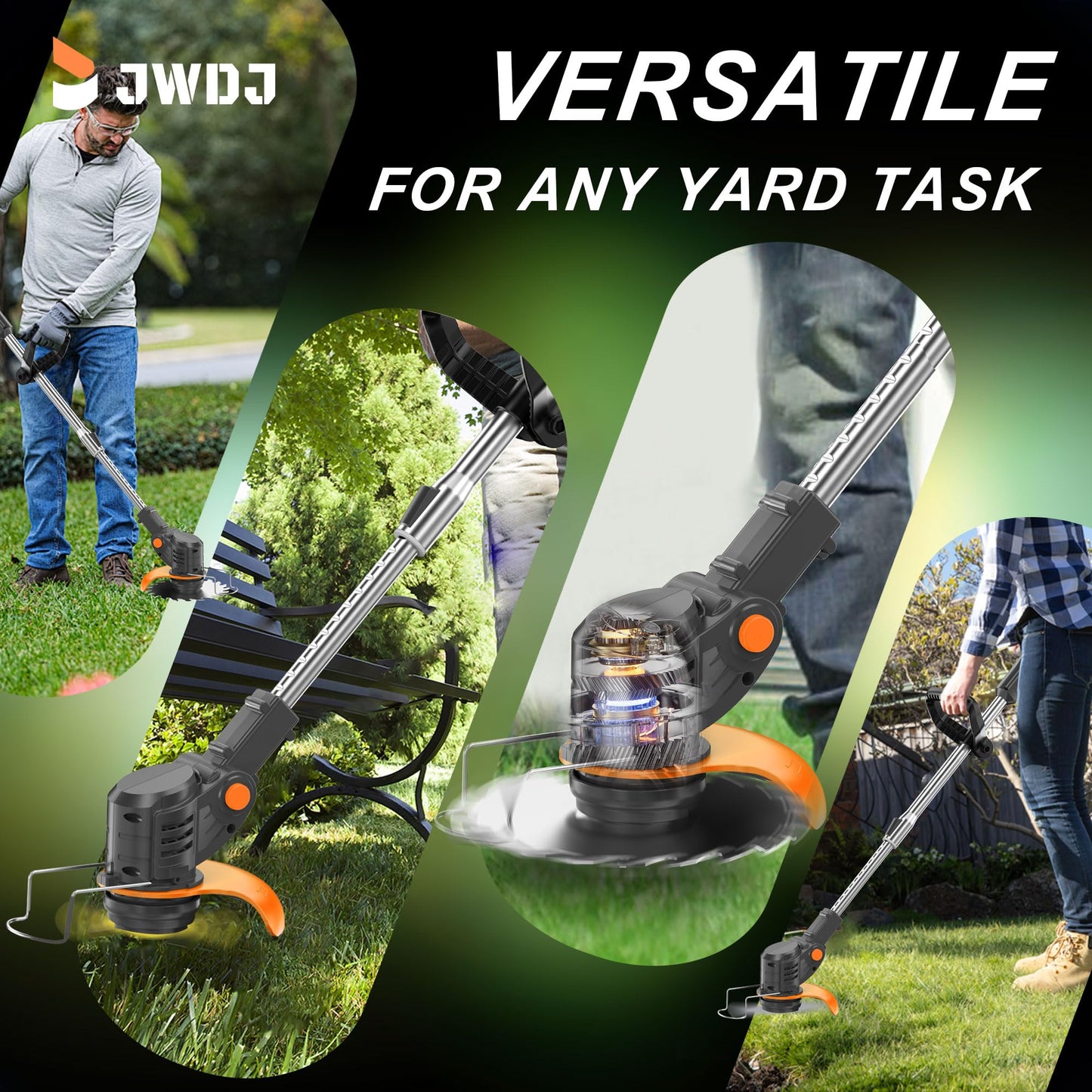 Jwdj 3.1lb Ultra Light Cordless Grass Strimmer 21V with 16 Metal Blades 2x2000mAh Batteries 6" Cut Width for Lawn and Garden Weed Control